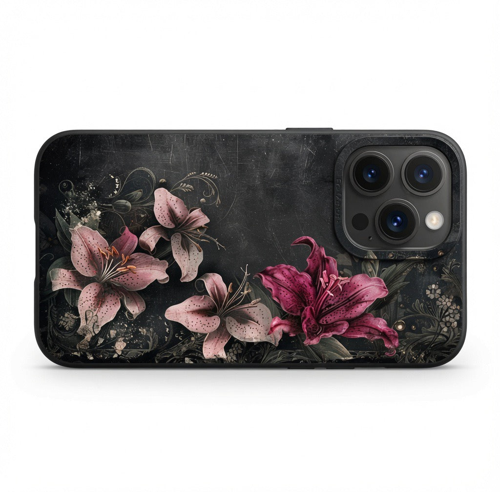 Huameng Classic Luxury Floral Lily iPhone Case - Elegant Vintage Dark Botanical Design for iPhone 17/16/15/14/13 Pro Max