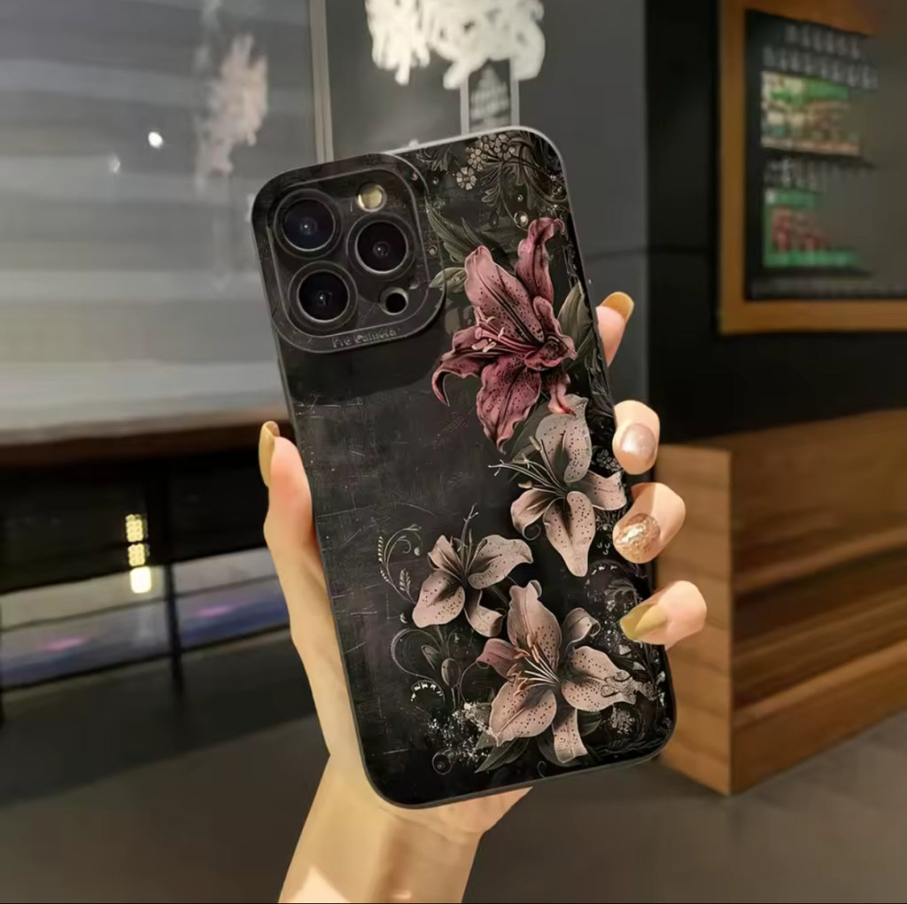 Huameng Classic Luxury Floral Lily iPhone Case - Elegant Vintage Dark Botanical Design for iPhone 17/16/15/14/13 Pro Max