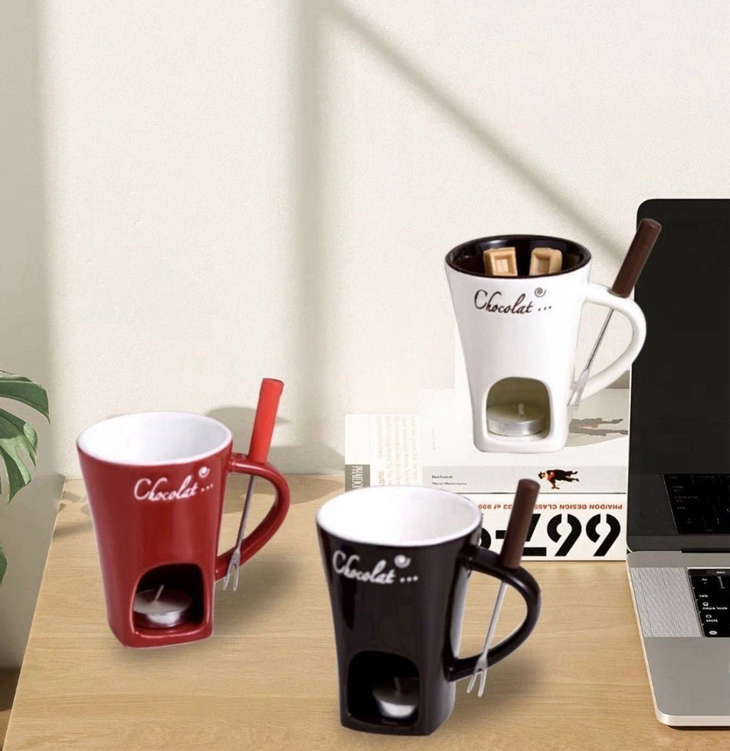 Ceramic Chocolate Melting Mug Tea Light Fondue Cup Gift Box Red White Brown gift - S7teestore