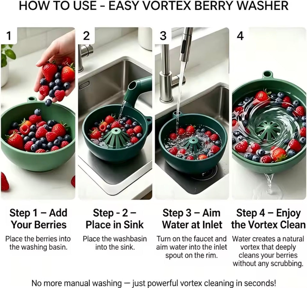 Homestyle Swirling Berry Washer Bowl – Self-Spinning 360° Vortex Fruit & Veggie Cleaner with Easy Drain - Fast Worldwide shipping ( 7-12 days approx )