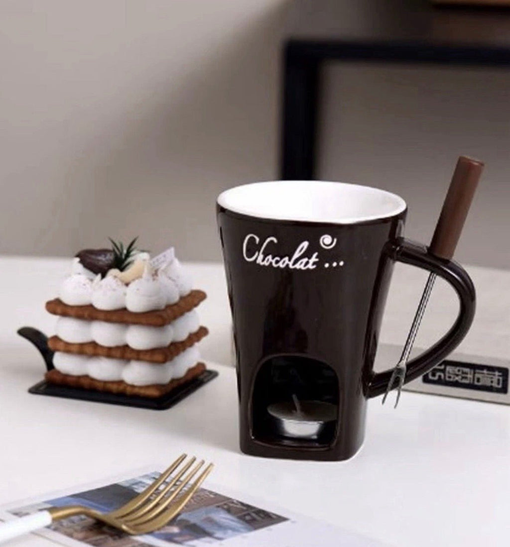 Ceramic Chocolate Melting Mug Tea Light Fondue Cup Gift Box Red White Brown gift - S7teestore