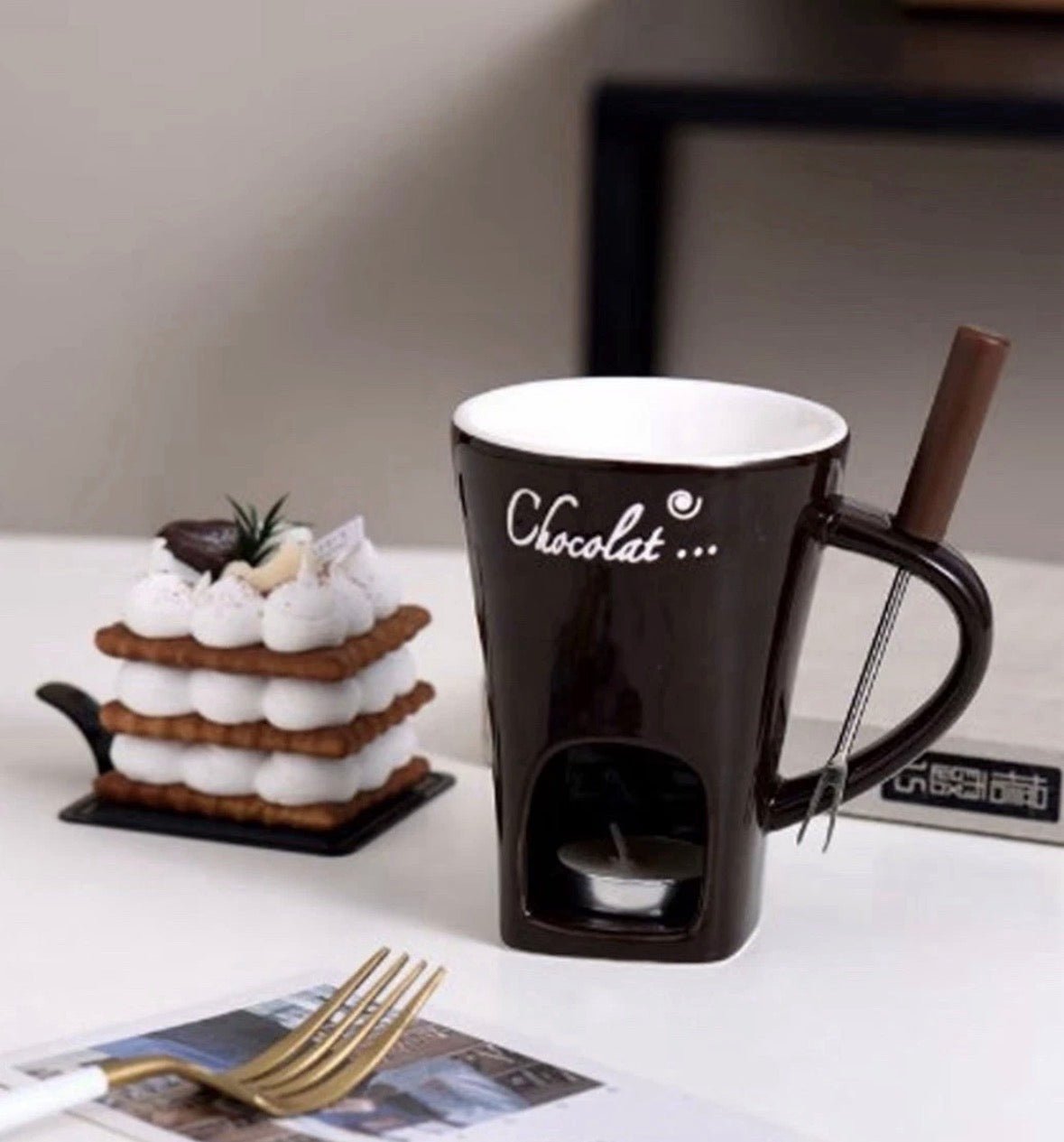 Ceramic Chocolate Melting Mug Tea Light Fondue Cup Gift Box Red White Brown gift - S7teestore