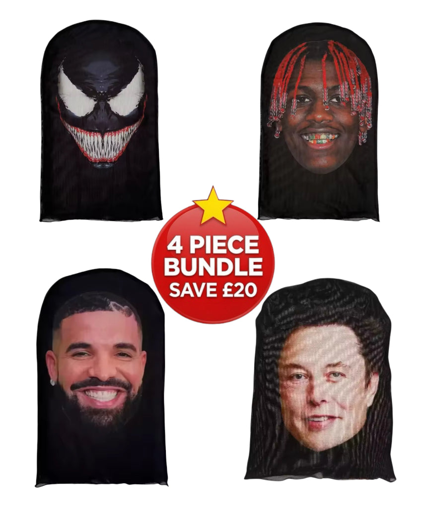 4 Piece Realistic Full Face Mesh Mask Bundle - Venom, Elon Musk, Young Thug & Drake - Save £20