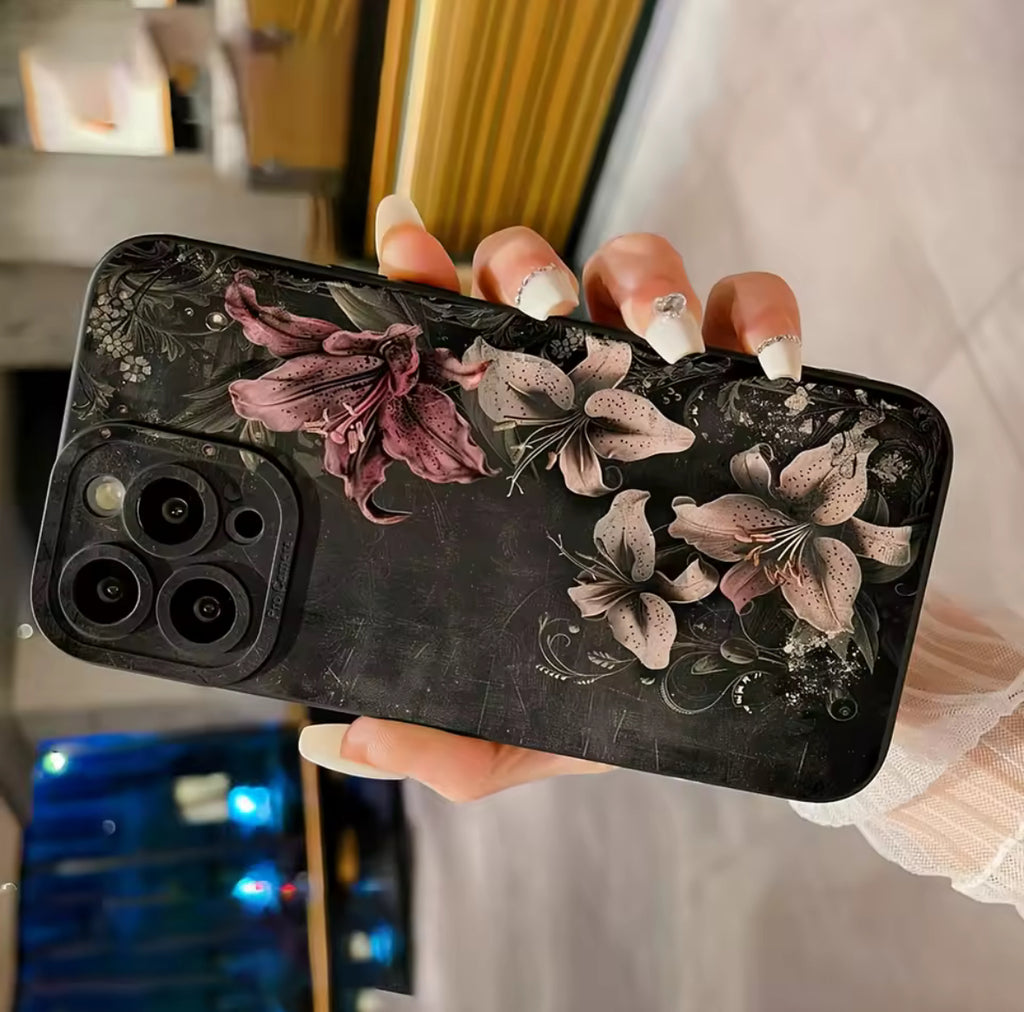 Huameng Classic Luxury Floral Lily iPhone Case - Elegant Vintage Dark Botanical Design for iPhone 17/16/15/14/13 Pro Max