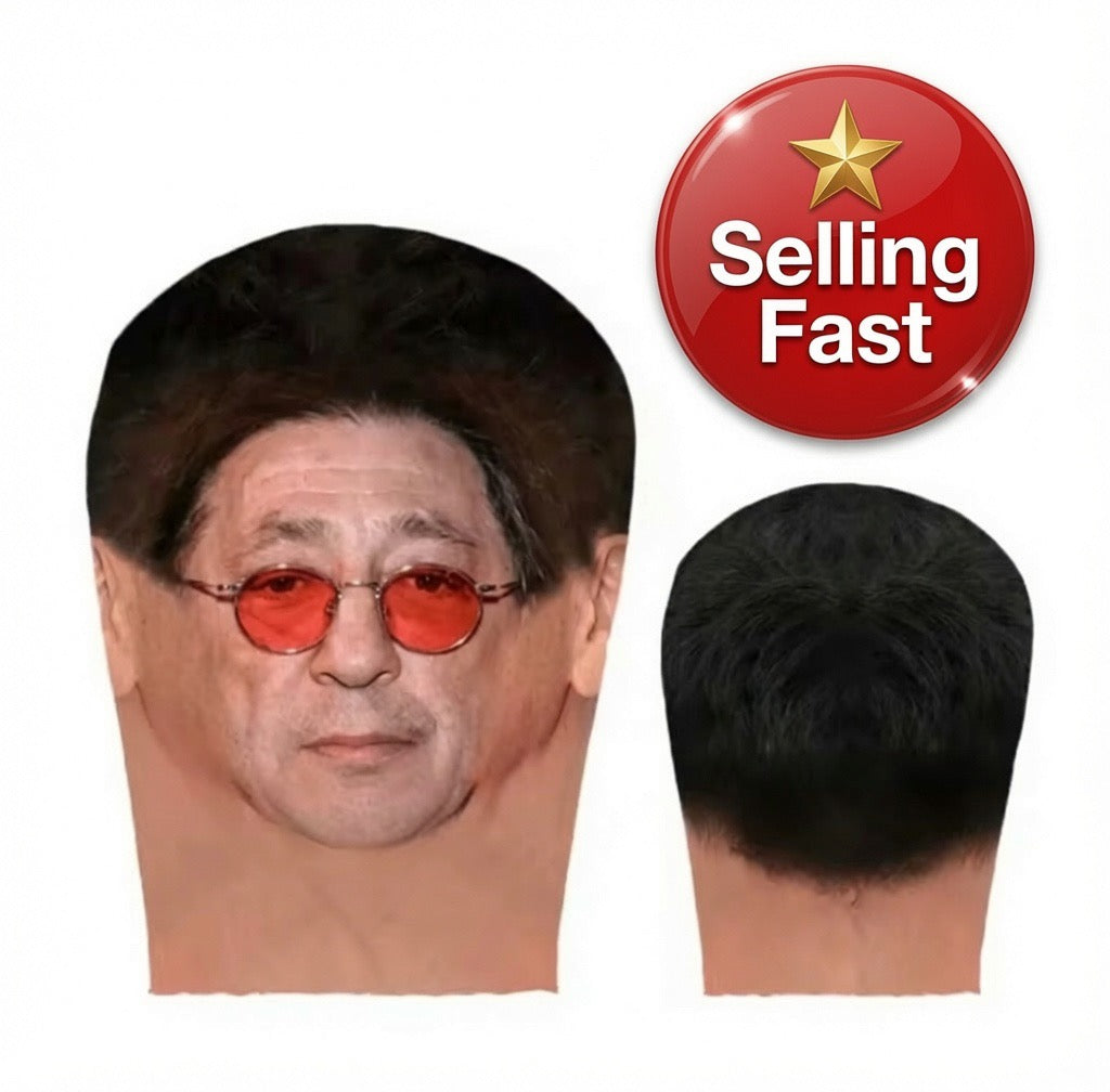 Realistic Older Asian Man Red Sunglasses Full Head Mesh Mask