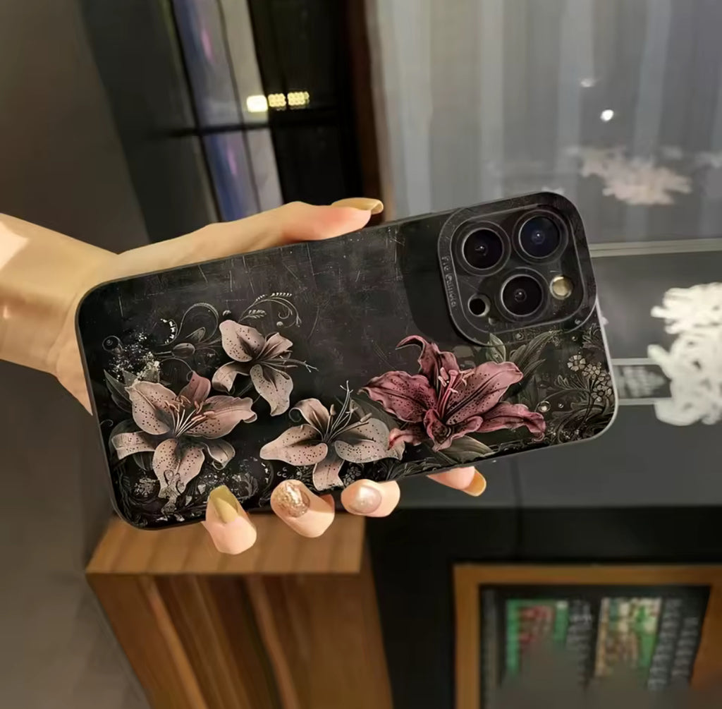 Huameng Classic Luxury Floral Lily iPhone Case - Elegant Vintage Dark Botanical Design for iPhone 17/16/15/14/13 Pro Max