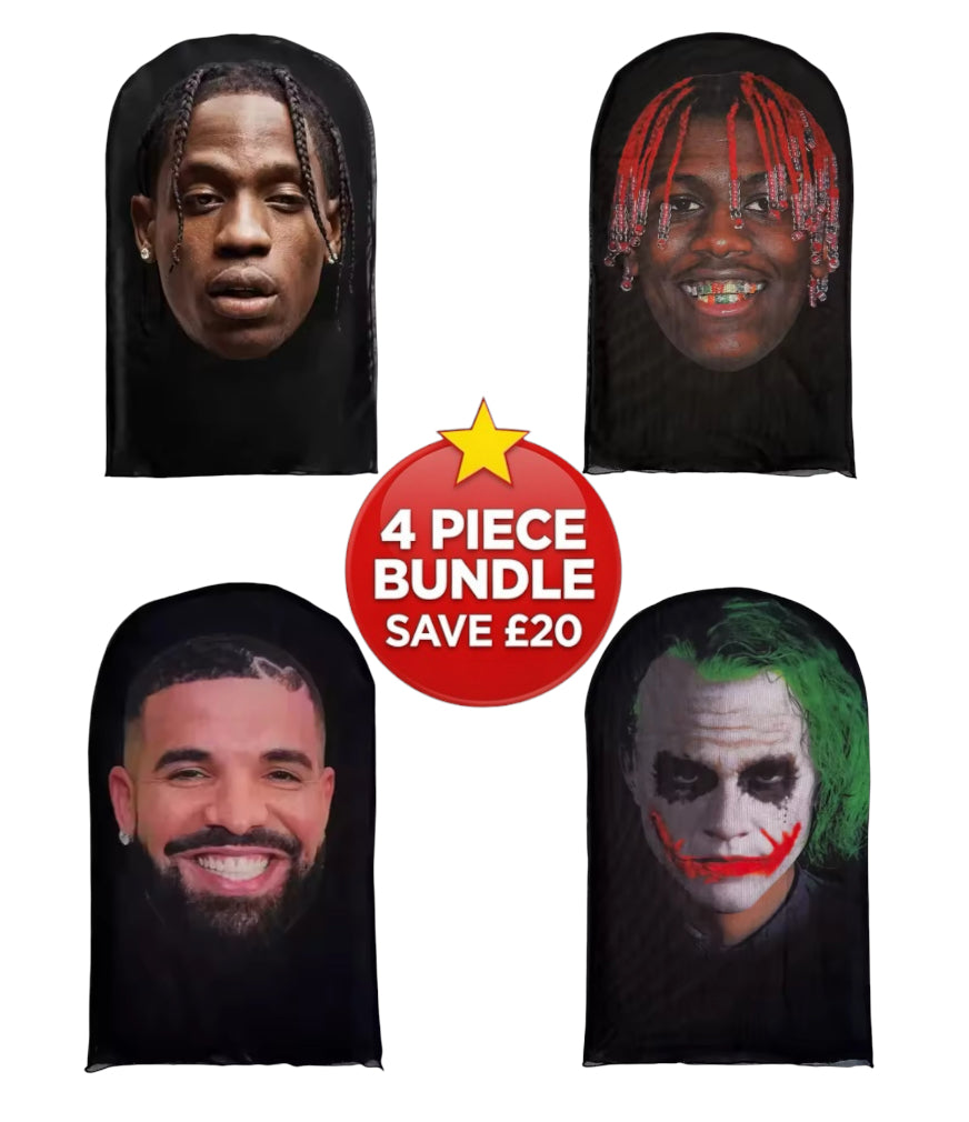 4 Piece Realistic Full Face Mesh Mask Bundle - Drake, Young Thug, Travis Scott & Joker - Save £20