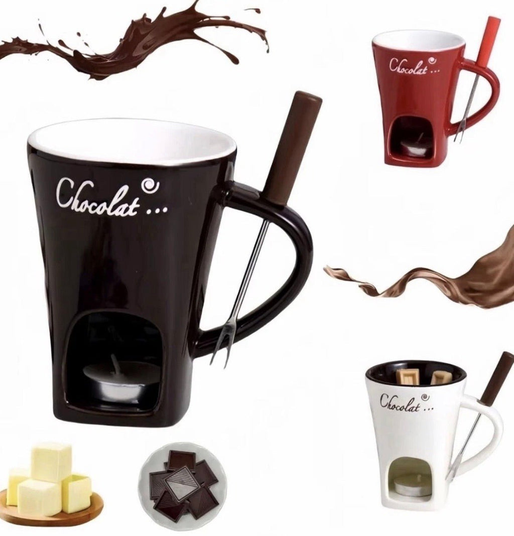 Ceramic Chocolate Melting Mug Tea Light Fondue Cup Gift Box Red White Brown gift - S7teestore