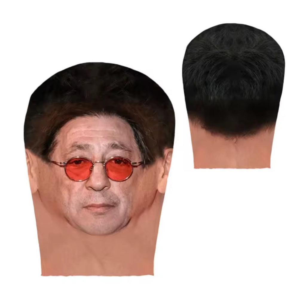Realistic Older Asian Man Red Sunglasses Full Head Mesh Mask