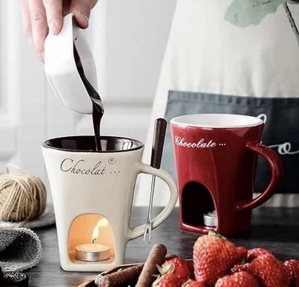 Ceramic Chocolate Melting Mug Tea Light Fondue Cup Gift Box Red White Brown gift - S7teestore