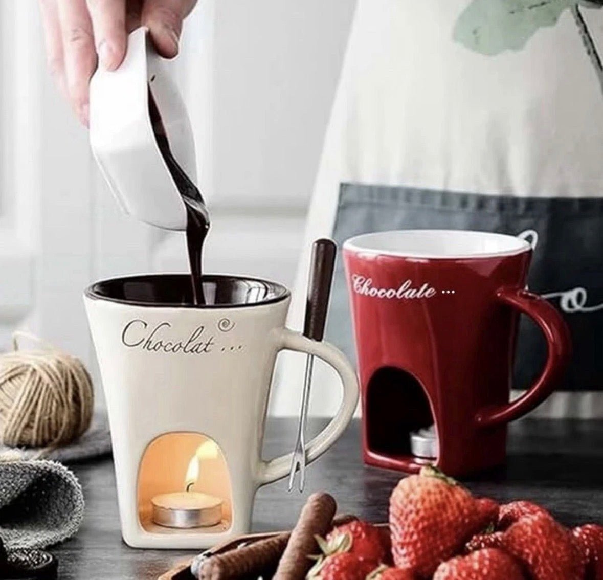 Ceramic Chocolate Melting Mug Tea Light Fondue Cup Gift Box Red White Brown gift - S7teestore
