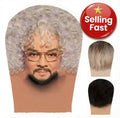 Realistic 360° Full Head Curly Gray Hair Old Man Mesh Mask with Glasses
