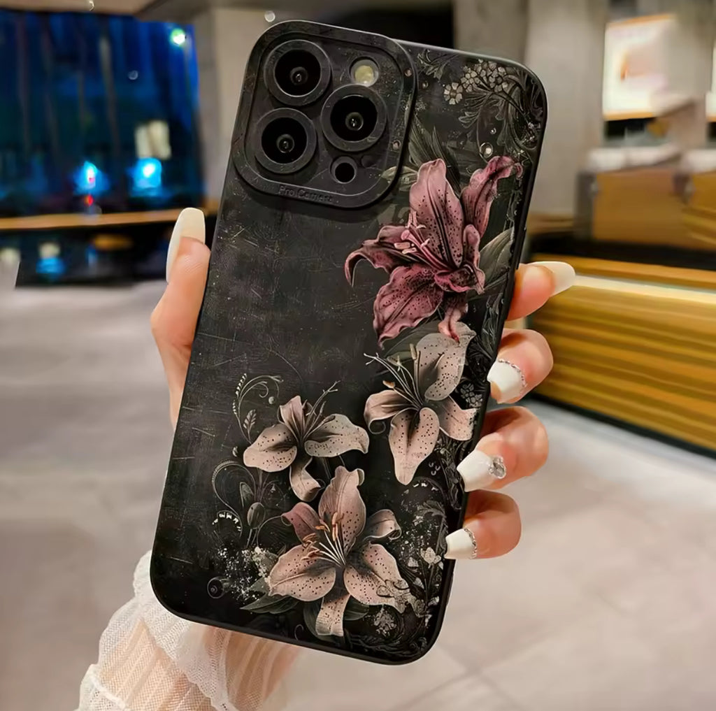 Huameng Classic Luxury Floral Lily iPhone Case - Elegant Vintage Dark Botanical Design for iPhone 17/16/15/14/13 Pro Max