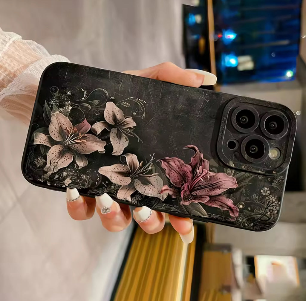 Huameng Classic Luxury Floral Lily iPhone Case - Elegant Vintage Dark Botanical Design for iPhone 17/16/15/14/13 Pro Max