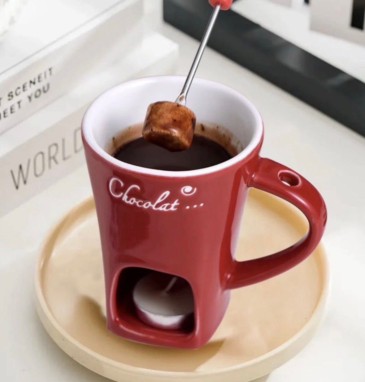 Ceramic Chocolate Melting Mug Tea Light Fondue Cup Gift Box Red White Brown gift - S7teestore