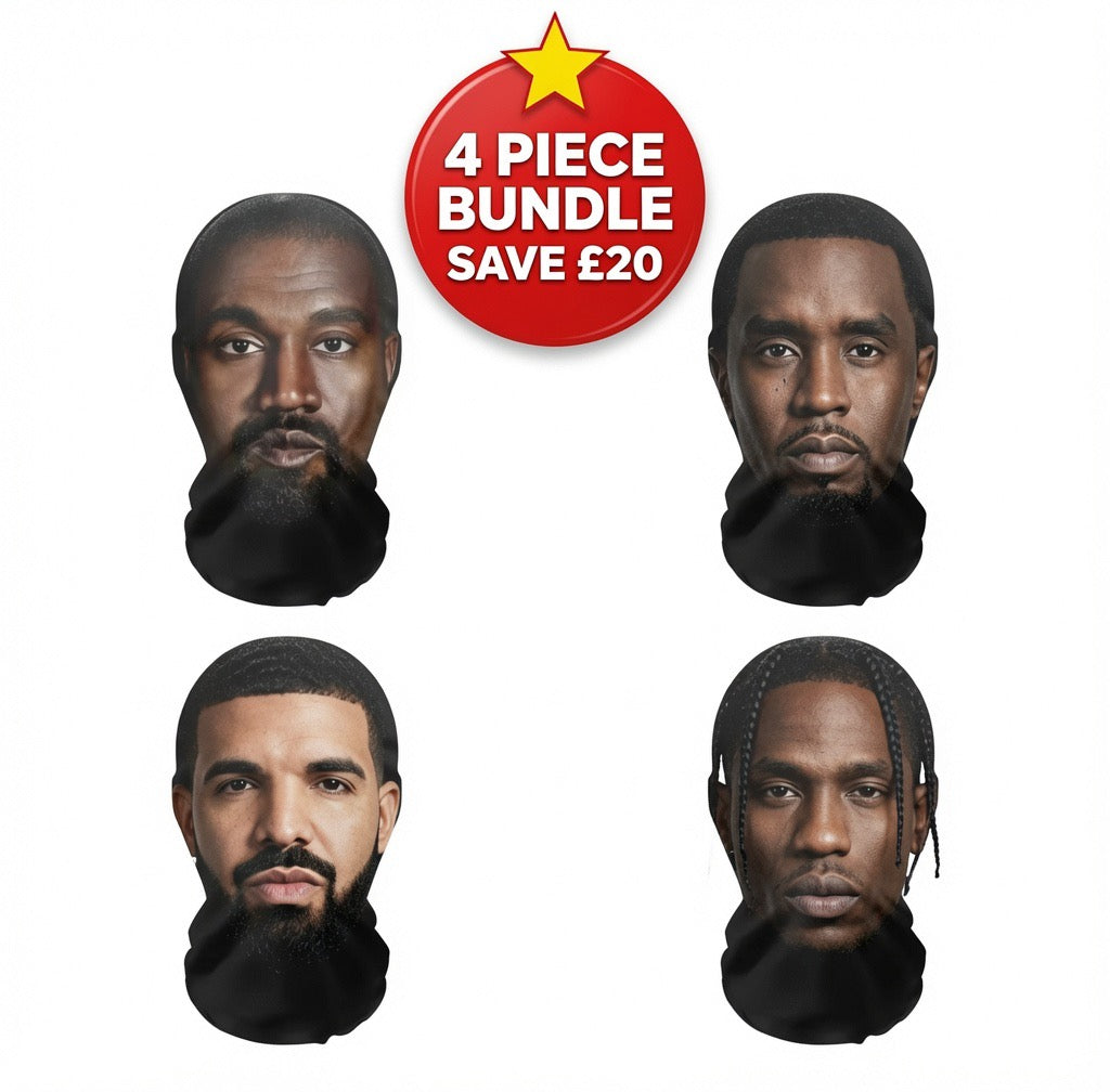 Realistic Celebrity Mesh Mask 4-Piece Bundle | Travis Scott, Drake, Kanye West & Diddy | Superstar Combo | Save Over £20