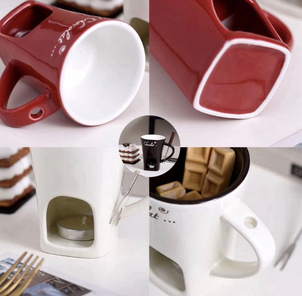 Ceramic Chocolate Melting Mug Tea Light Fondue Cup Gift Box Red White Brown gift - S7teestore