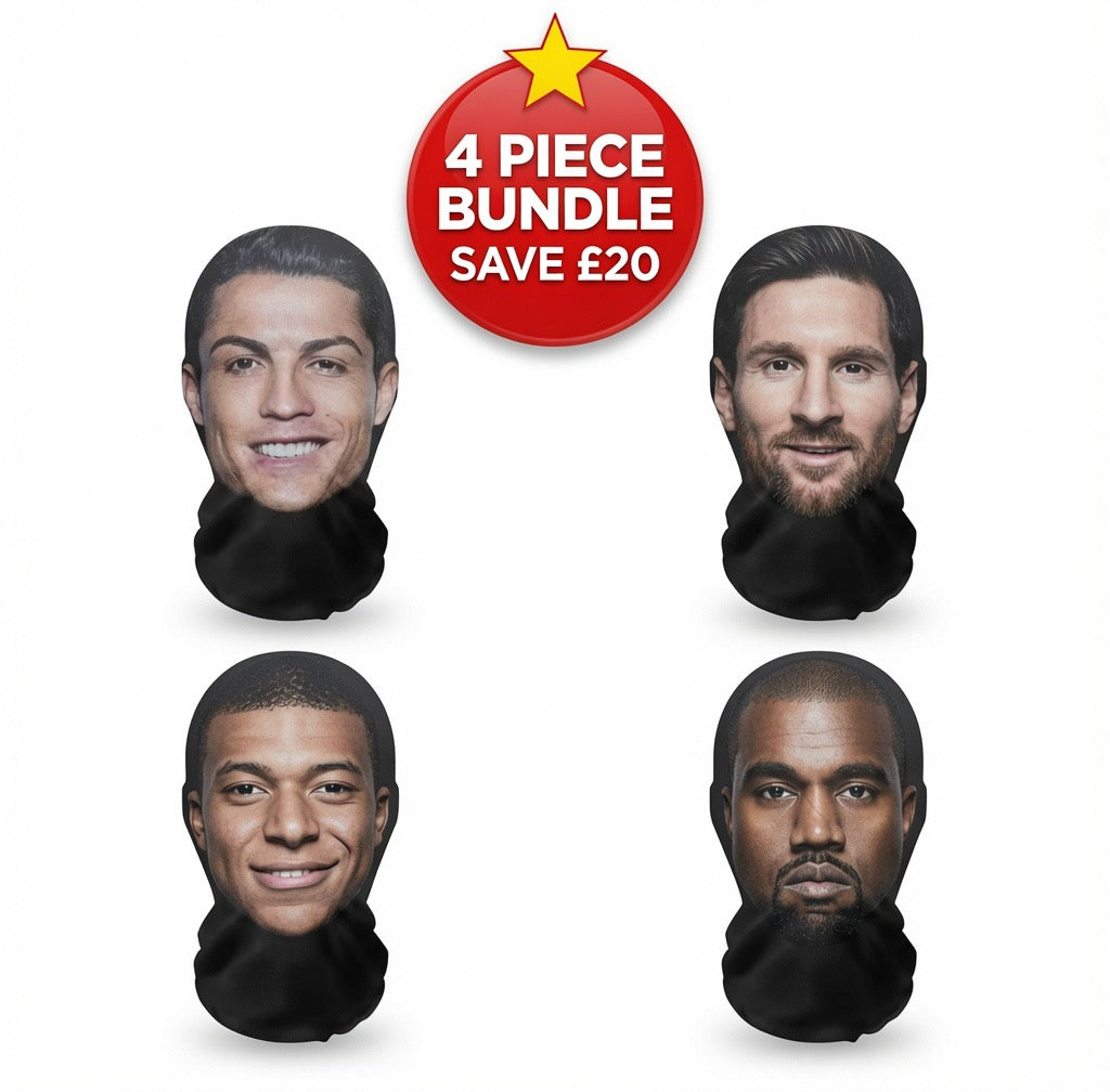 Realistic Celebrity Mesh Mask 4-Piece Bundle | Ronaldo, Messi, Mbappé & Kanye West | Football & Celeb Edition | Save Over £20