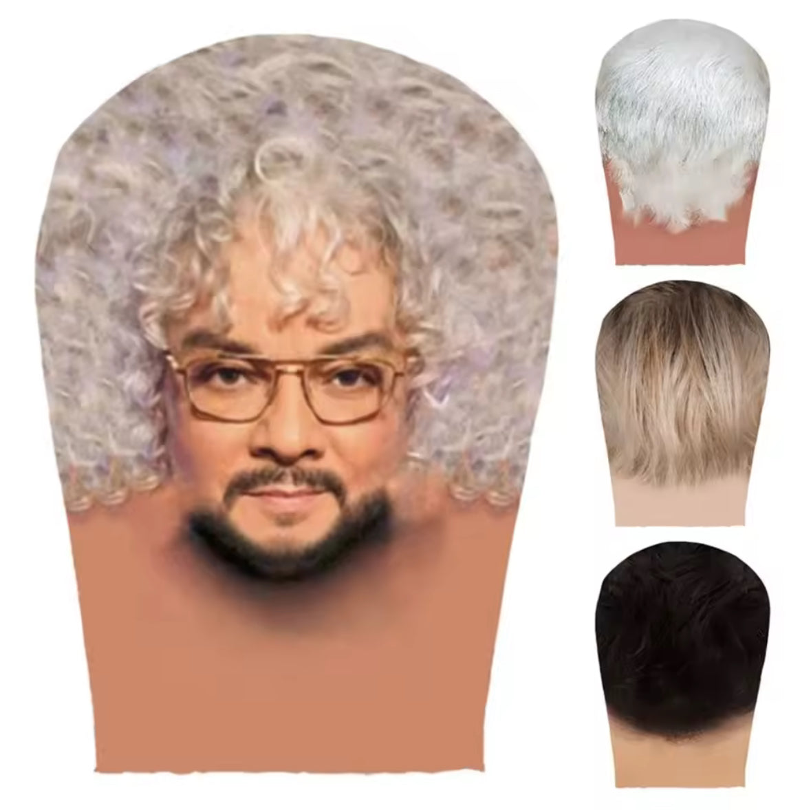 Realistic 360° Full Head Curly Gray Hair Old Man Mesh Mask with Glasses
