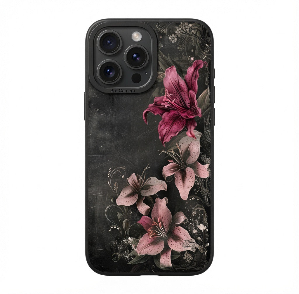 Huameng Classic Luxury Floral Lily iPhone Case - Elegant Vintage Dark Botanical Design for iPhone 17/16/15/14/13 Pro Max