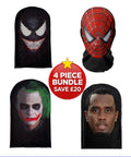 4 Piece Marvel & Celebrity Realistic Full Face Mesh Mask Bundle - Venom, Spider-Man, Joker & P Diddy - Save £20