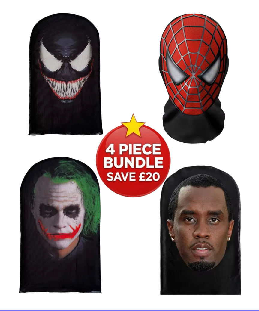 4 Piece Marvel & Celebrity Realistic Full Face Mesh Mask Bundle - Venom, Spider-Man, Joker & P Diddy - Save £20