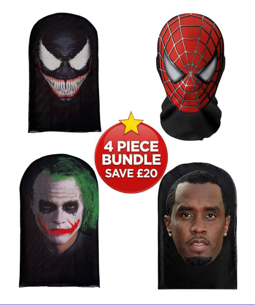 4 Piece Marvel & Celebrity Realistic Full Face Mesh Mask Bundle - Venom, Spider-Man, Joker & P Diddy - Save £20 - S7teestore