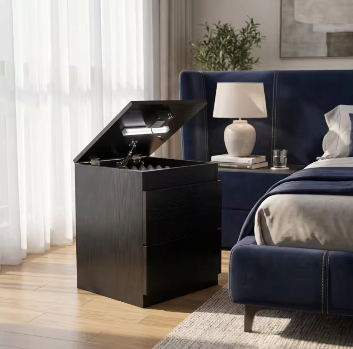 Modern Wood Nightstand with Secret Compartment & Electronic Lock | Hidden Jewelry Organizer Drawer Cabinet Storage | OverSeas Shipping Worldwide approx 8-16 days |