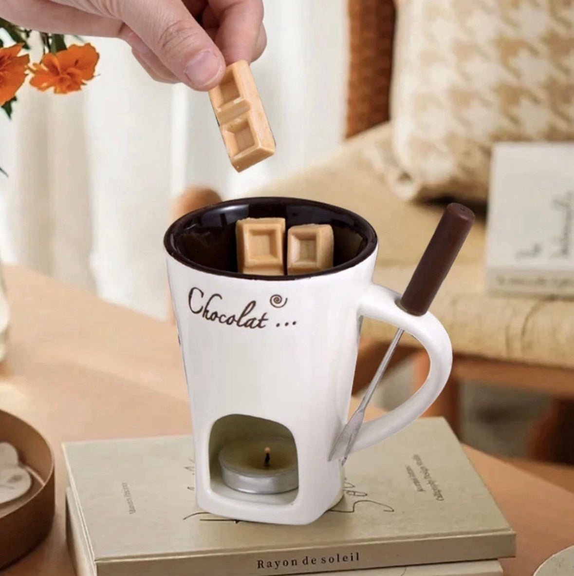 Ceramic Chocolate Melting Mug Tea Light Fondue Cup Gift Box Red White Brown gift - S7teestore