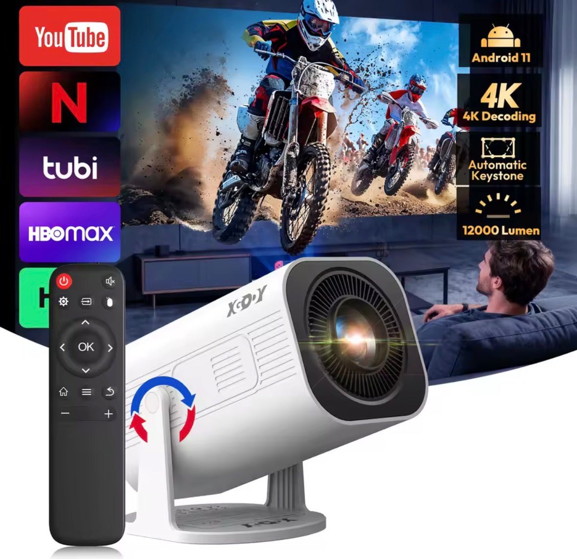 Xgody Gimbal 3 Pro Projector 4K Wifi6 Android Mini Beamer 300 Ansi Dual Wifi Bt5.4 1280*720P Home Theater Outdoor Portable - S7teestore