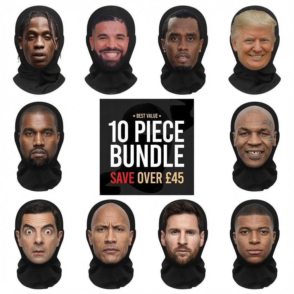 10 Piece Realistic Celebrity Face Mask Bundle - Travis Scott, Drake, P Diddy, Donald Trump, Kanye West, Mike Tyson, Mr Bean, The Rock, Messi & Mbappé | Save Over £45 | Ultra Realistic Mesh Masks