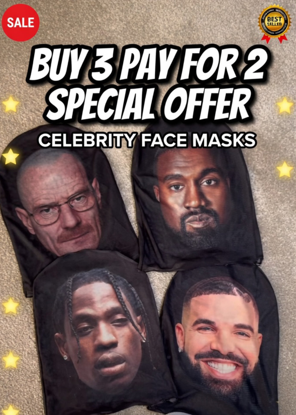 Realistic Celebrity Mesh Mask 4-Piece Bundle | Mr. Bean, Will from The Inbetweeners, The Rock & Kanye West | Actor Combo | Save Over £20